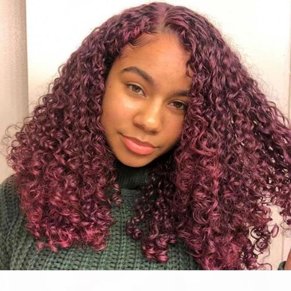 

180% ombre colord 13x4 curly bob wig lace front human hair wigs burgundy 99j red pre plucked brazilian hair wig for women remy, Black;brown
