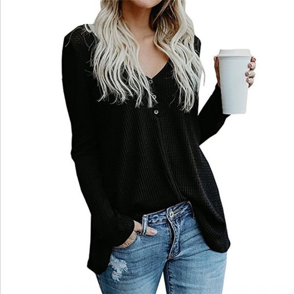 

2019 solid color buttonv-neck long sleeve women's base t-shirt 2019 solid color buttonbutton button buttonv-neck long sleeve women&#039, White