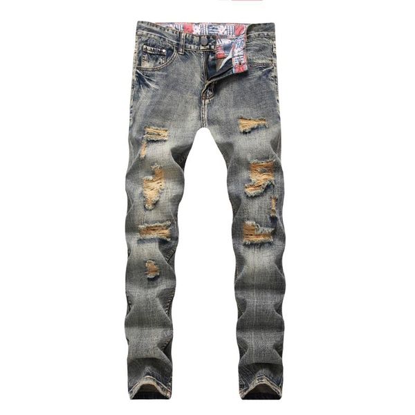 

trend retro yellow nostalgic ripped denim pants ripped jeans for men designed straight slim fit casual denim jeans trousers, Blue