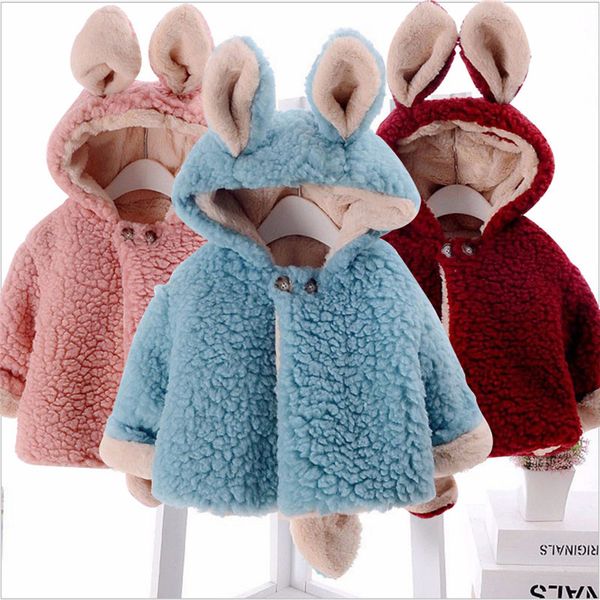 

baby girl winter new cartoon rabbit ears hooded plus velvet padded warm lamb woolen plush jacket 1029, Blue;gray