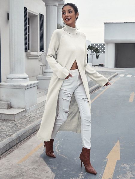 

raglan sleeve split longline sweater 13jf#, White