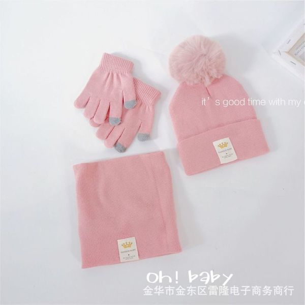 

three children's hat, double glove, scarf, piece knitting gyqg, Red;brown