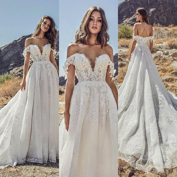 

2019 julie vino beach a-line wedding dress off shoulder lace country sweep train bridal gowns plus size bohemian, White