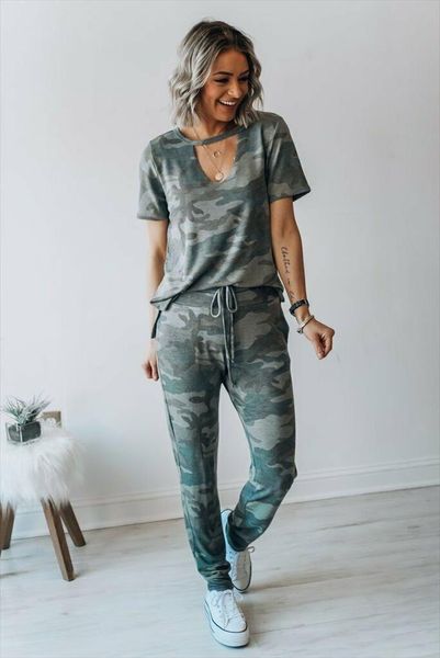 

2pcs women camo tracksuit short sleeve pants leggings summer playsuit casual outfits clothing army green soft clothes, Gray