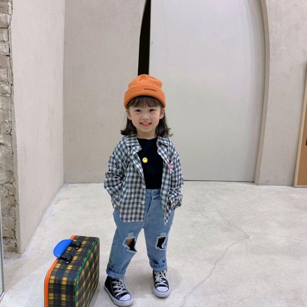 

2021 spring new kids pants boys and girls distrressed casual denim pants, Blue