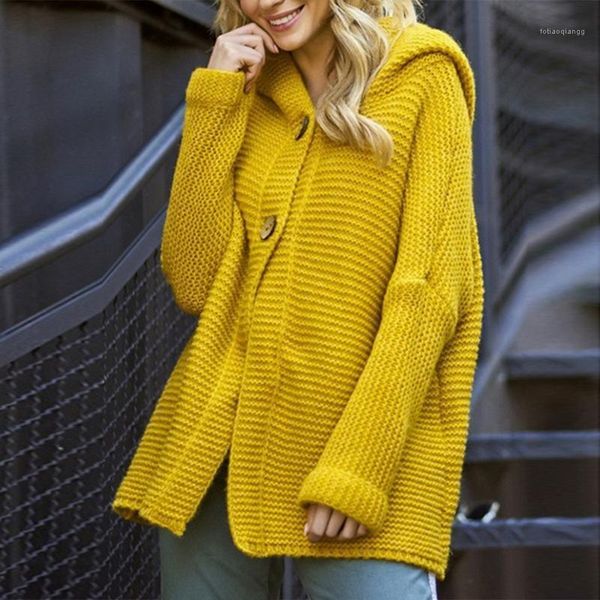 

2020 autumn winter casual loose solid color hooded sweater jacket ladies knitted cardigan jacket winter button sweater women1, White