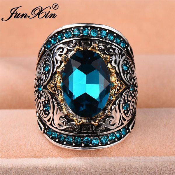 

cluster rings junxin boho large oval crystal punk wedding for women men antique style blue zircon stone wide big engagement ring female, Golden;silver