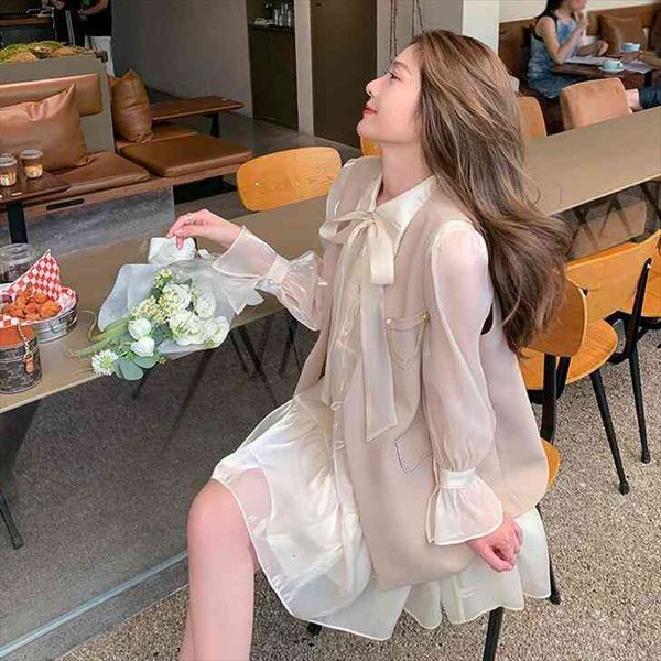 

Vintage Maxi Dresses For Women Party Belt Bow Peter Pan Collar Lady French Flare Sleeve Woman Dress Vest Suit Autumn, Black;gray