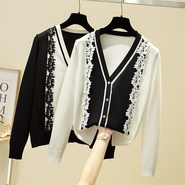 

new autumn sweatercoat sweaterand winter style knitted cardigan lace splicing v-neck versatile thin sweater outerwear women's trend, White;black