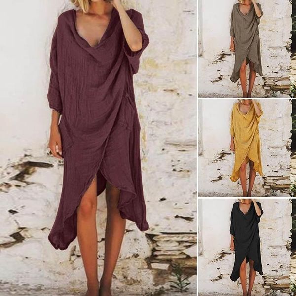 

women vintage asymmetrical hem long shirt dress zanzea autumn 3/4 sleeve cotton linen blusas casual loose work sundress vestido1, Black;gray