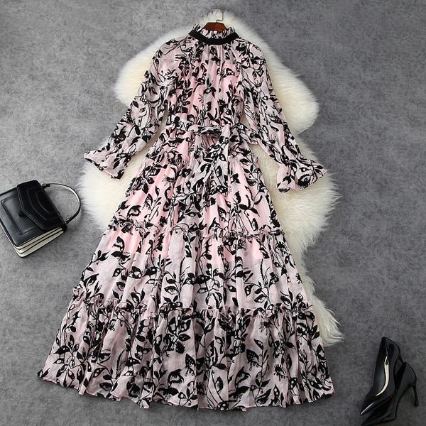

2021 spring long sleeve round neck pink floral print ribbon tie bow belted panelled long maxi dress elegant casual dresses lj18t11791, Black;gray