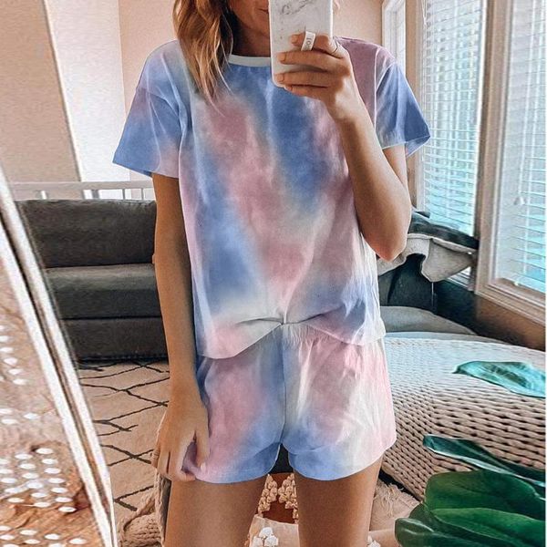 

women print sleepwear new loungewear short summer ladies pajama set tie-dye home suit sleep nightwear plus size kg-33, Black;red