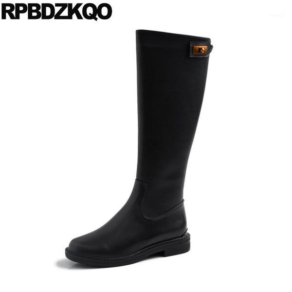

boots chunky knee high trend equestrian women winter genuine leather fashion 2021 riding big size 10 shoes plus fur black1, Black