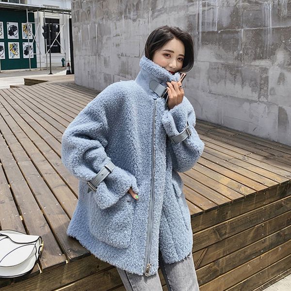 

2021 new autumn korean version solid zipper temper thickness mean length hepburn plush thickened lamb coat 1x3u, Black