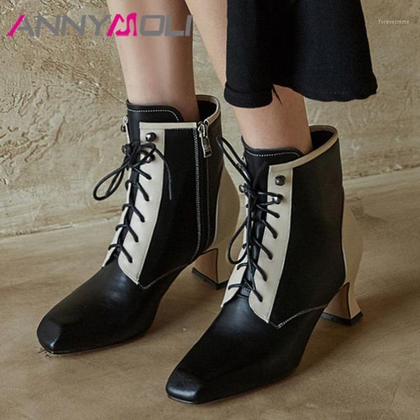 

boots annymoli rivet real leather mid heel short women shoes square toe strange style heels zip lace up lady ankle brown1, Black