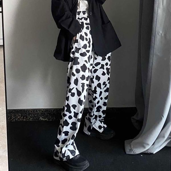 

houzhou cow print summer korean style wide leg for fashion women vintage joker palazzo pants 201102, Black;white