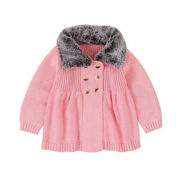 

2020 kids girl's knitted sweater coat autumn winter girl baby double breasted children jumper with fur collar wmtzfb rimmer, Blue