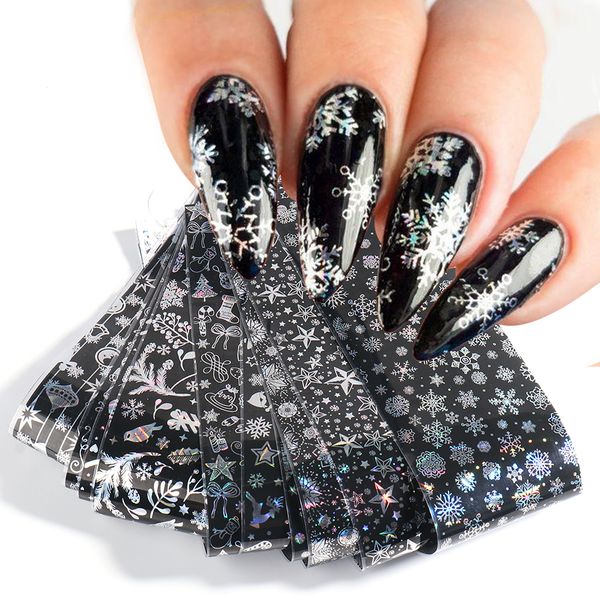 

sliders foil 10pc for new year's christmas laser snowflakes mix design holo nail art transfer sticker manicure wraps nf8112