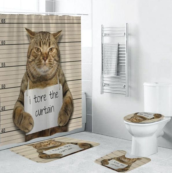 

bath accessory set cat printed shower curtain waterproof bathroom four-piece mould proof toilet non-slip mat decoration