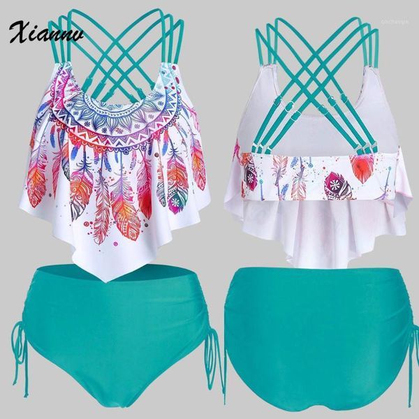 

women bikinis 2020 feather print push-up padded overlay flounce crisscross tankini swimwear bandage printed gathered swimsuit1