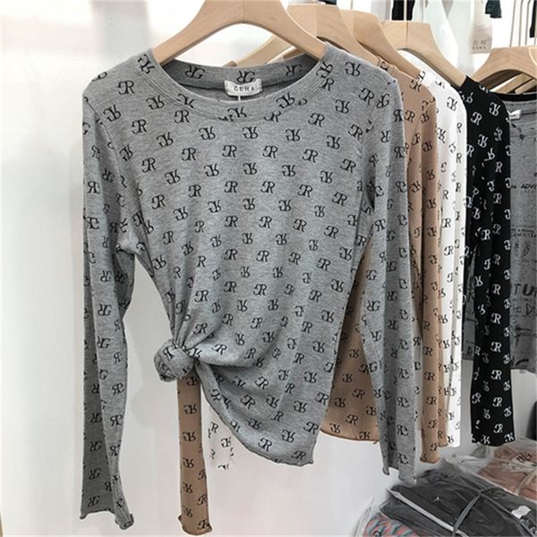 

2021 new threaded elastic round neck printed letter t-shirt, long-sleeved temperament, knitted bottoming shirt 68jn, White