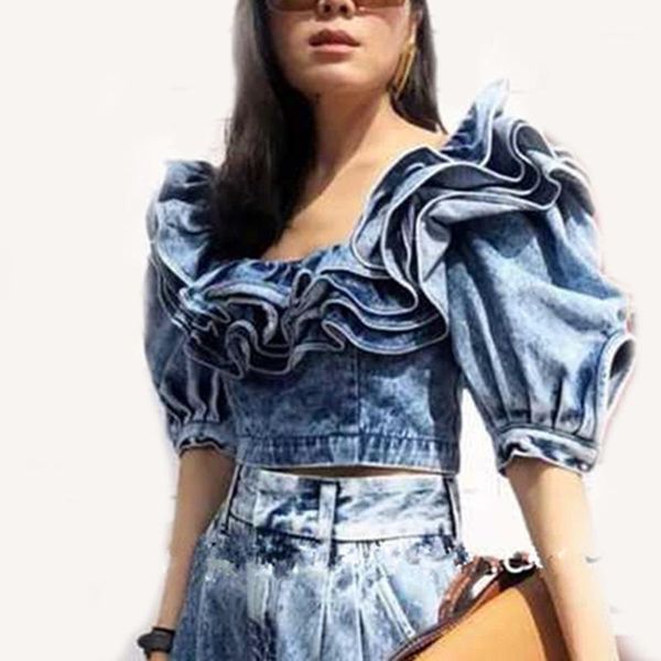 

2020 women denim shirt polyester female blouse ruffled slash neck puff sleeves slim exposed navel shirt chemise femme fine1, White