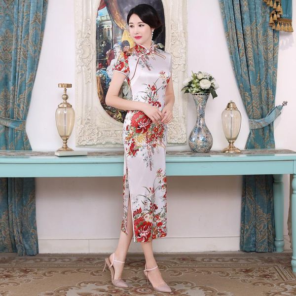 

white chinese women qipao plus size 3xl vantage print flower cheongsam stain long slim dresses elegant female chinese dress1, Red