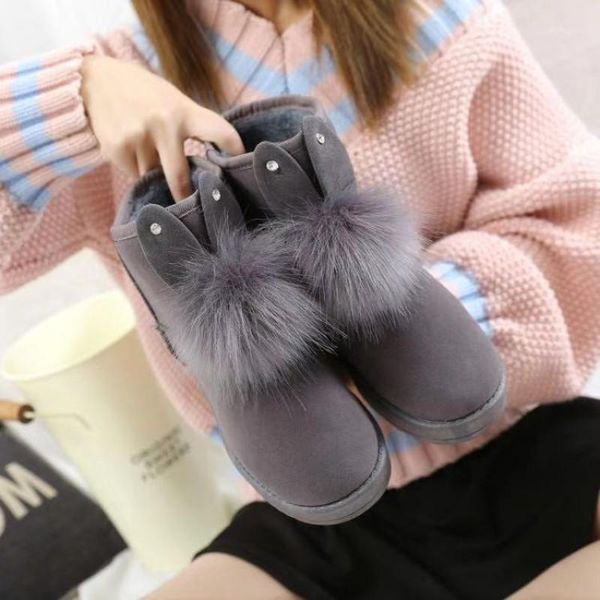 

winter ears plush ball snow boots women plus velvet plus cotton warm short boots flat suede winter short tube cotto1, Black