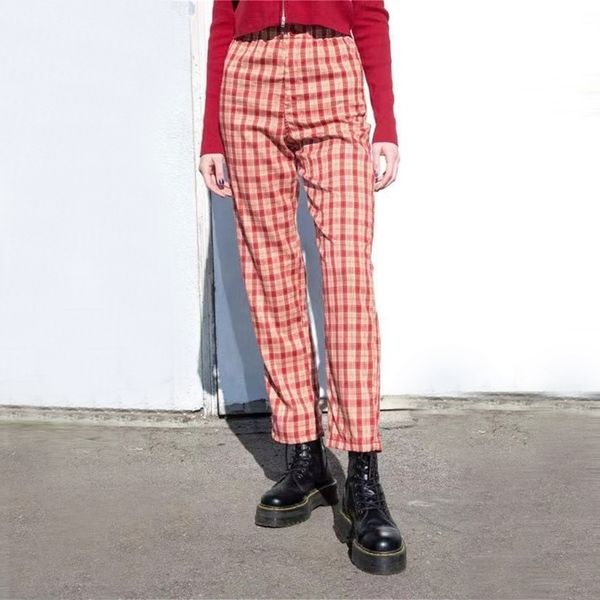 

women high rise elasticated waist checked straight pants 201111, Black;white
