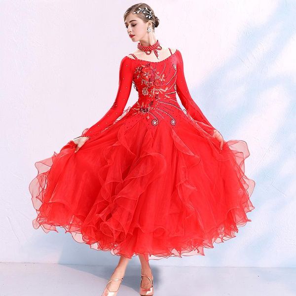 

rhinestone ballroom dance competition dresses women standard dance stage dresses ladies waltz tango performance clothing dc43891, Black;red