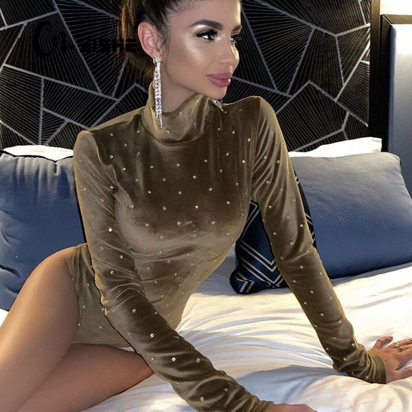 

cnyishe winter velvet rompers women jumpsuits fashion dot turtleneck regular long sleeve casual slim women bodysuits female y200401, Black;white