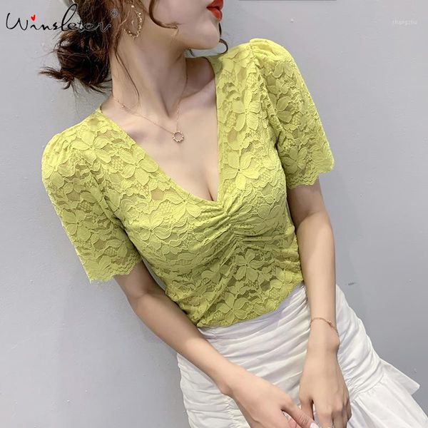 

summer european clothes t-shirt v-neck lace women ropa mujer shirt puff sleeve with chest wrap tees 2020 new t063111, White