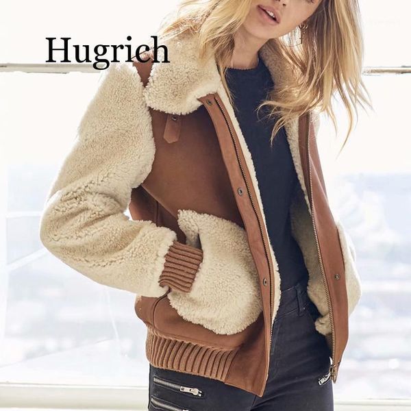 

2020 new vintage women suede-fur patchwork jackets for ladies faux leather teddy coats feminine fleece girls outwear female coat1, Black