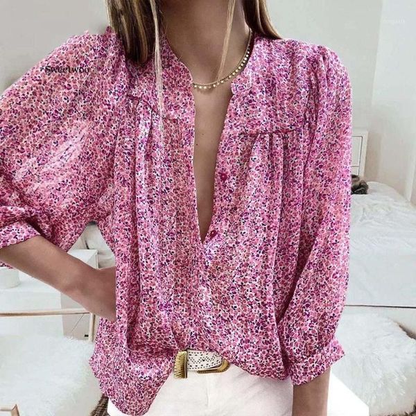 

women printing chiffon long sleeve ruched button blouse shirt fashion women ladies long sleeve loose blouse summer v-neck1, White