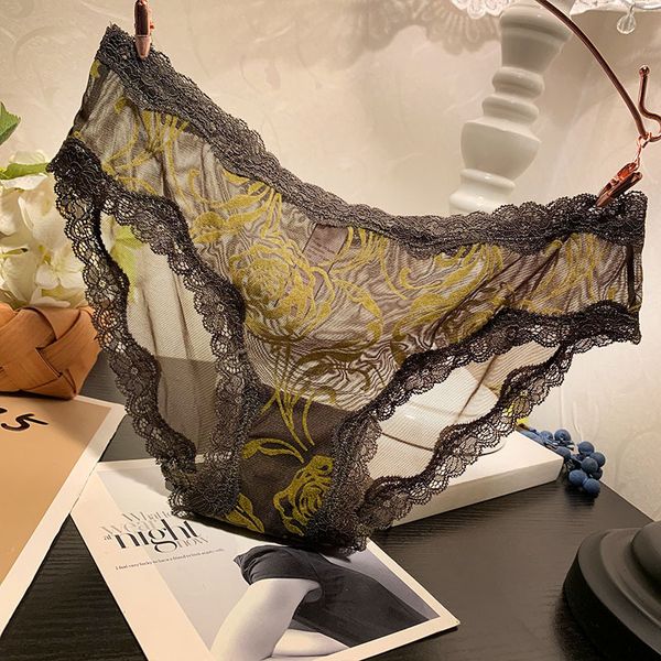

traceless lace underwear women's transparent gauze mid low waist triangle pants pure cotton crotch summer new products, Black;pink