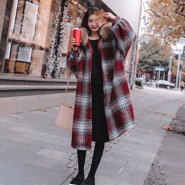 

2021 new female winter new red woolen plaid fleece fashion big loose collar long style korean leather jacket thicken warm coat f1 jmhw, Black