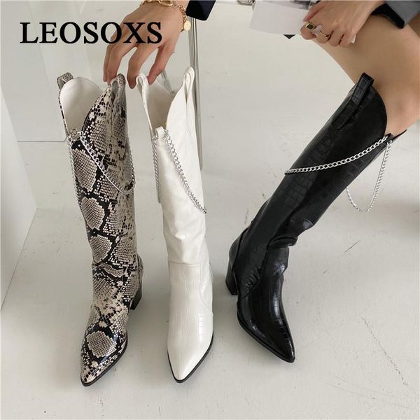 

boots women woman knee high ladies pointed toe shoes female flats girls brand chain black pu leather