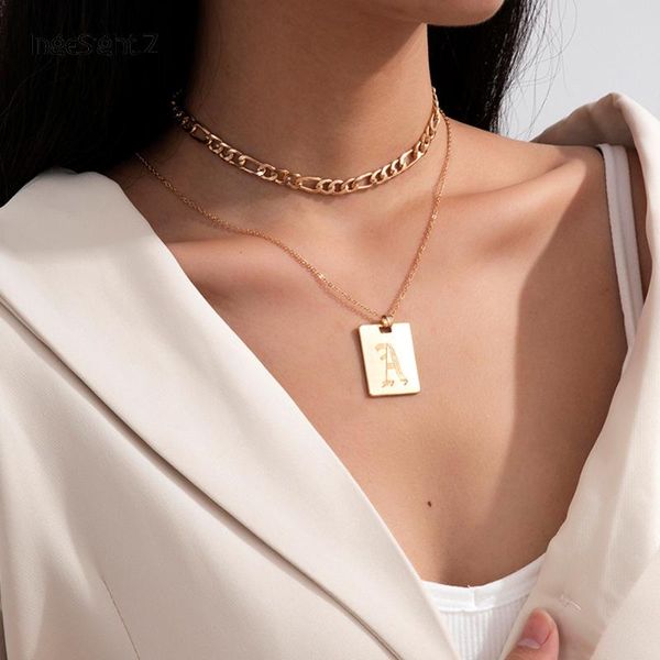 

chains 2pcs/set multi layered initial letter a square pendant necklace simple minimalist gold color choker necklaces for women jewelry, Silver