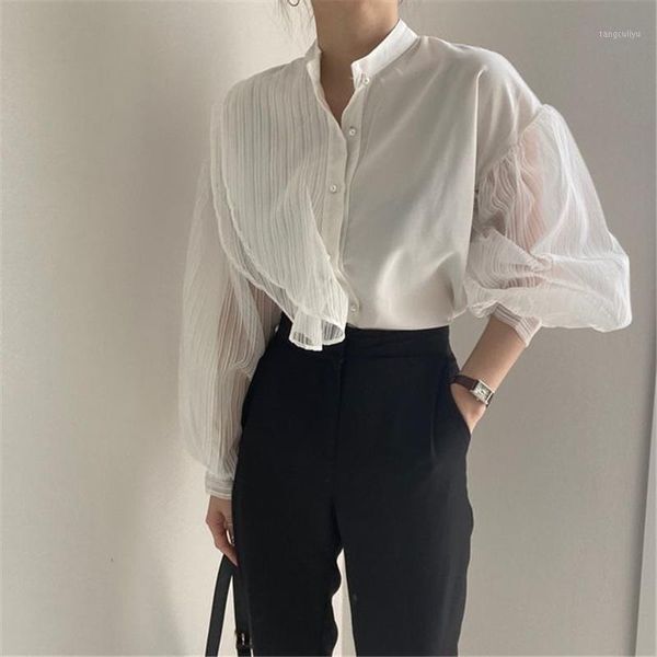 

hzirip women see-through patchwork 2020 mesh stand office lady brief gentle elegance silky all match chic shirts1, White