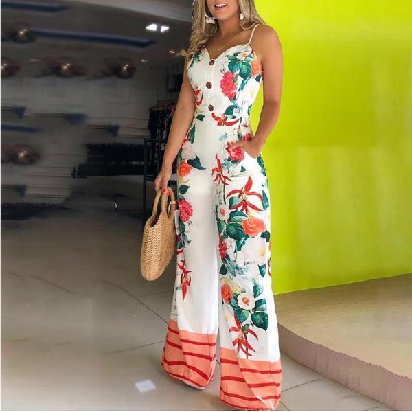 

spaghetti strap floral print jumpsuit wide leg pockets romper v-neck buttons design summer beach jumpsuits, Black;white