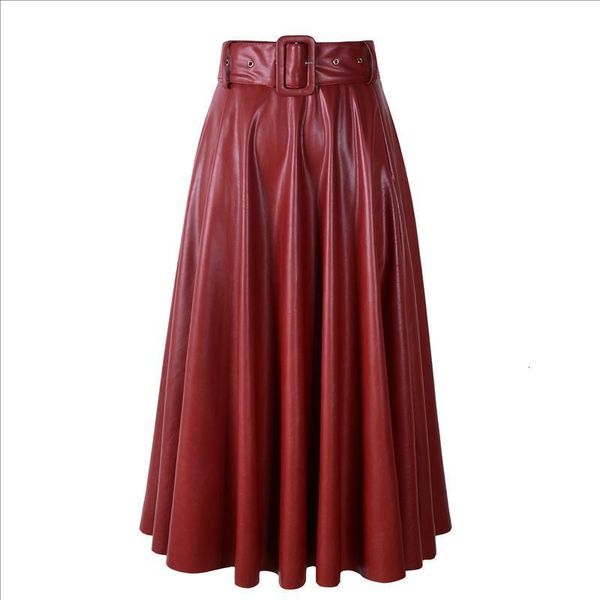 

2020 new women autumn winter pu pleated faux leather skirts lady high waist a-line wine red maxi long black skirt with belt