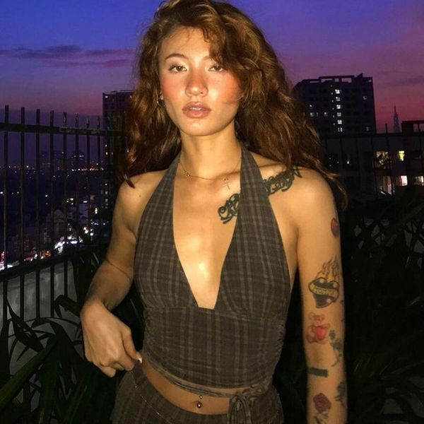 

plaid hanging neck bandage v-neck off shoulder summer women fashion streetwear backless sleeveless camisole tank, White