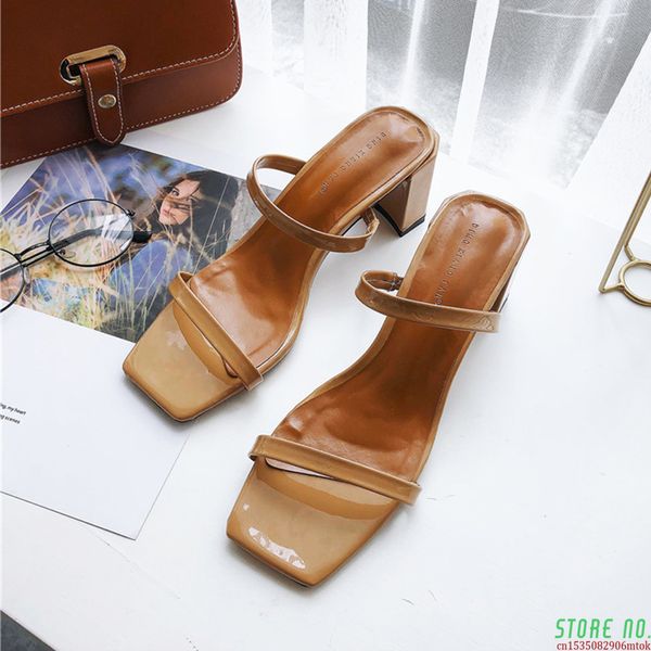 

slip on high heels square toe women slippers summer elegant trendy woman sandals brown thin strap women slipper shoes sandels x1020, Black