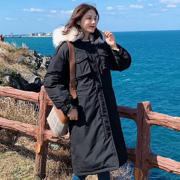 

2021 newcotton warm coat jacket women long outwear female winter big fur hooded mujer coats overcoat t2jy, Black