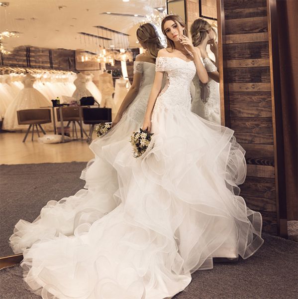 

off shoulder ivory mermaid wedding dresses ruffle skirt appliques lace 2021 plus size trumpet long puffy tulle country bridal gowns, White