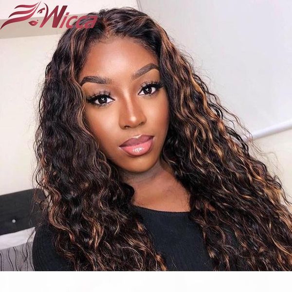 

wicca 13x6 180 density lace front highlight curly human hair wigs pre plucked brazilian remy for women, Black;brown