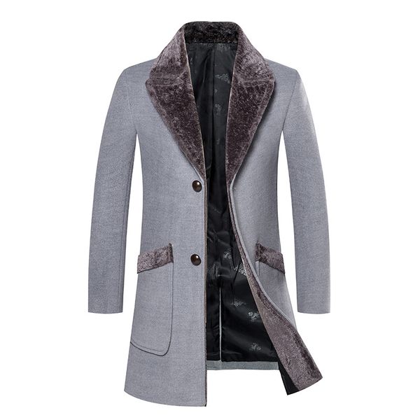 

overcoat male wool blend mid long winter coat men with fur collar coat men winter trench manteau homme hiver lj201106, Black