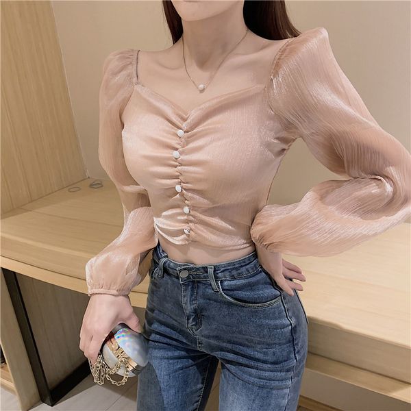 

autumn 2020 new temperament short slim open navel french long sleeve shirt for women