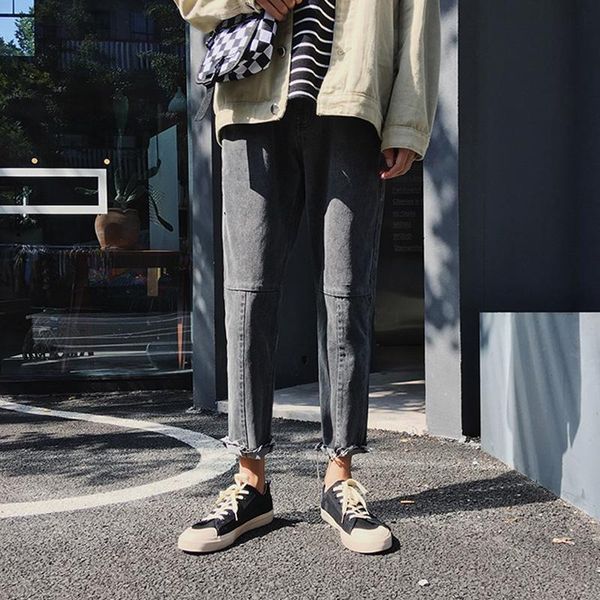 

spring autumn hip hop teenagers denim jeans with rotten feet men's loose-fitting -edge big-foot smokey gray harem pants, Blue