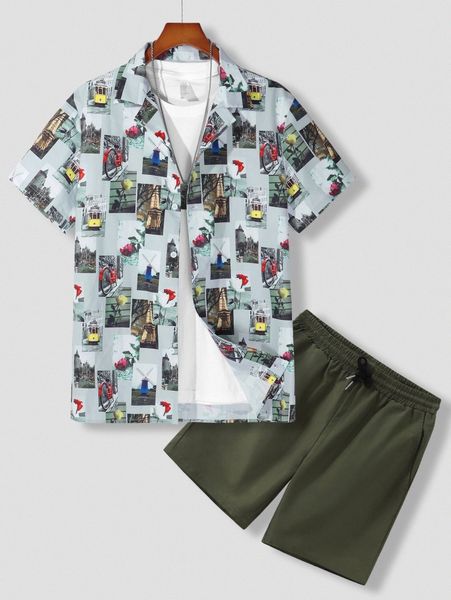 

men random picture print shirt & drawstring waist shorts i4qm#, Gray